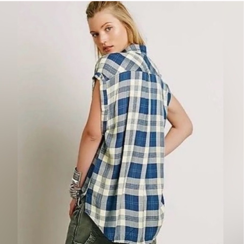 Rails x Free People Yellow Blue Plaid Short Sleeve Button Up